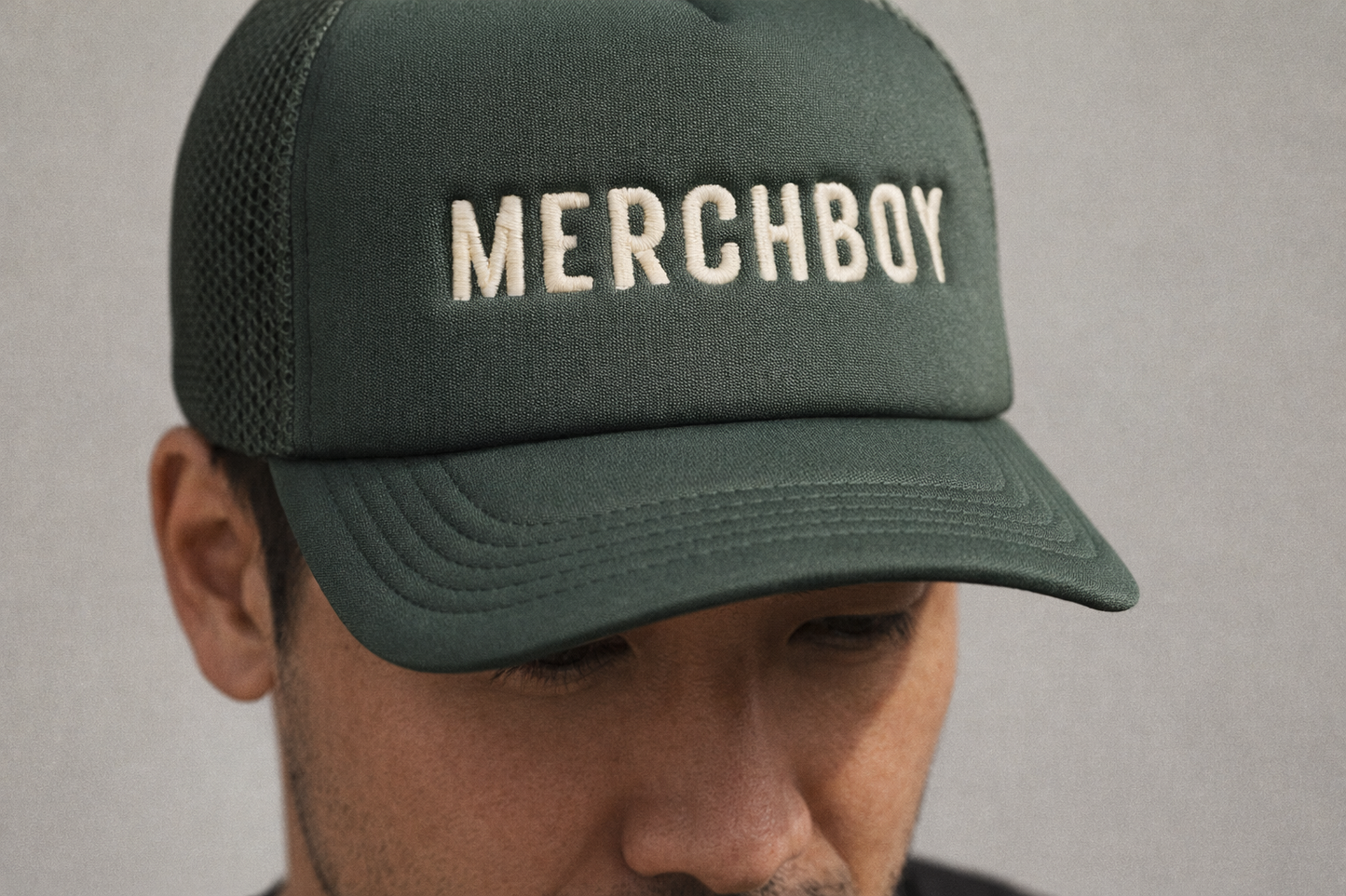 Merchboy Foam Trucker Hat – Black / Sage | Structured Snapback